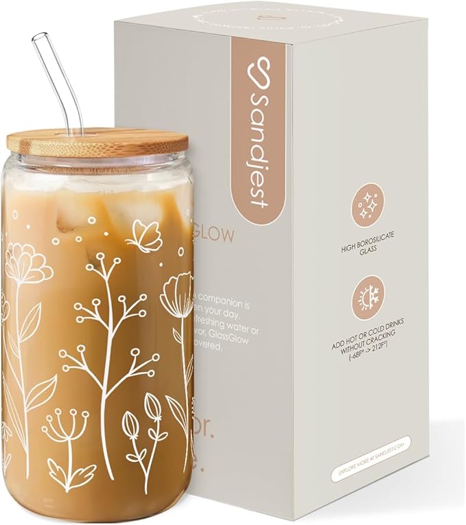 SANDJEST Floral Cup 16 Oz Can Glass with Bamboo Lid and Straw - Flower Glass Cup Gifts for Women - Wildflower Drinking Coffee Gifts