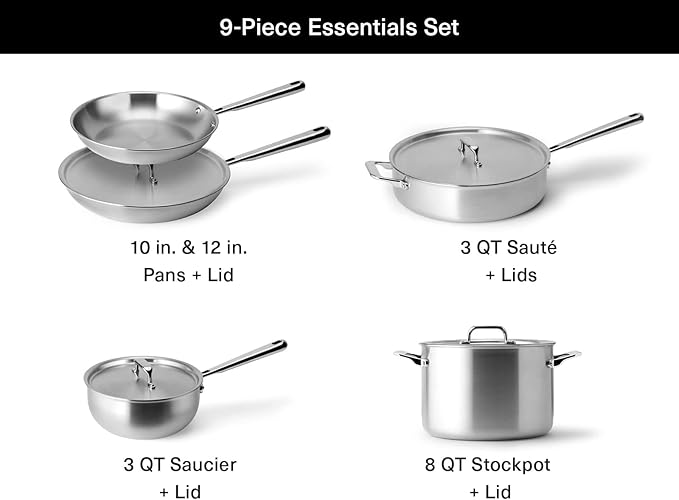 Misen 5-Ply Stainless Steel Cookware Set - Versatile, Dishwasher Safe - 9-Piece Set - 10" Skillet, 12" Skillet + Lid, 3 QT Saute Pan + Lid, 3 QT Saucier + Lid, 8 QT Stockpot + Lid