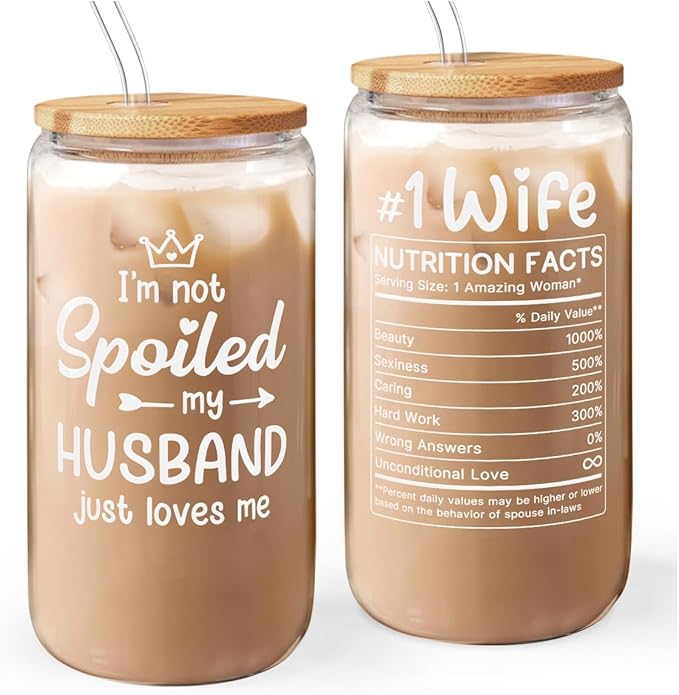 Wife 16 Oz Can Glass Tumbler with Bamboo Lid and Straw - Iced Coffee Cups for Women, Aesthetic Glass Cup Gift for Birthday Christmas Valentine's Day Mother's Day