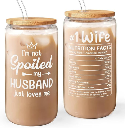 Wife 16 Oz Can Glass Tumbler with Bamboo Lid and Straw - Iced Coffee Cups for Women, Aesthetic Glass Cup Gift for Birthday Christmas Valentine's Day Mother's Day
