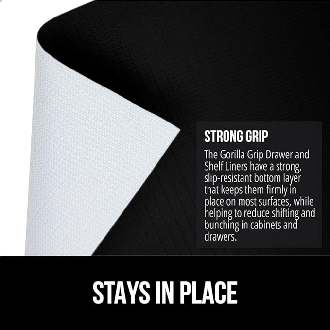 GORILLA GRIP Slip Resistant Drawer and Shelf Liner 2 Pack, Non Adhesive Water Resistant, Easy Clean and Trim, Smooth Surface Liners for Kitchen Cabinet, Shelves, Drawers, Pantry, 12 in x 20 FT, Black