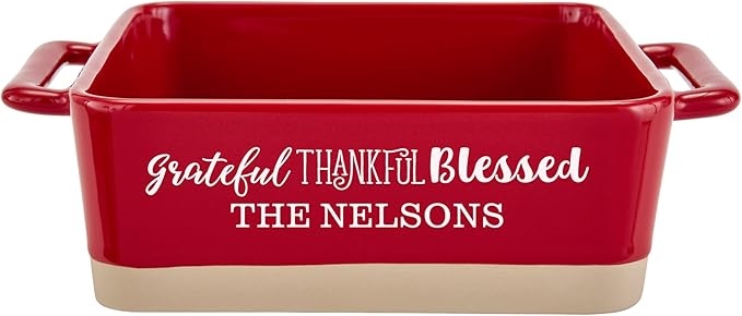 Let's Make Memories Personalized Grateful, Thankful, Blessed Stoneware - Red Square Baker
