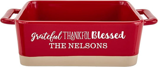 Let's Make Memories Personalized Grateful, Thankful, Blessed Stoneware - Red Square Baker