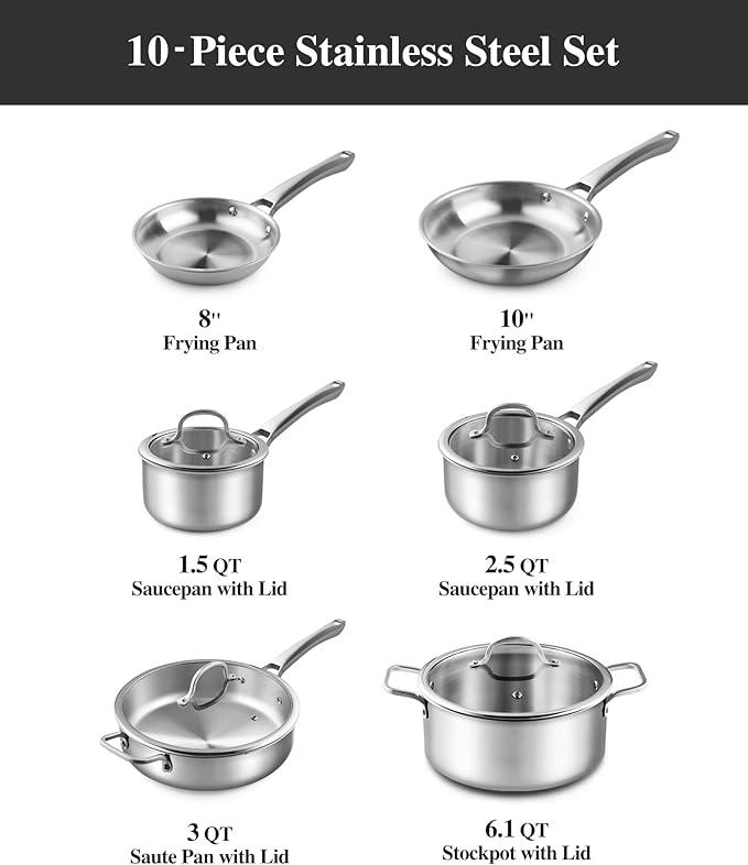 Stainless Steel Cookware Set,Tir-Ply Pots and Pans Set,10 Pcs Stainless Steel Induction Kitchen Cookware Sets,PFOA Free, Frying Pans,Saucepans,Saute Pan & Stock Tagine Pot,Compatible with All Cooktops