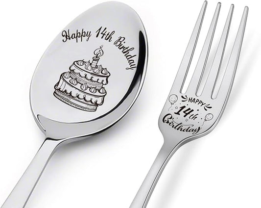 Happy 14th Birthday Spoon&Fork Gifts Engraved Spoon&Fork Personalized Birthday Gifts for Son Daughter Sister Brother Friends