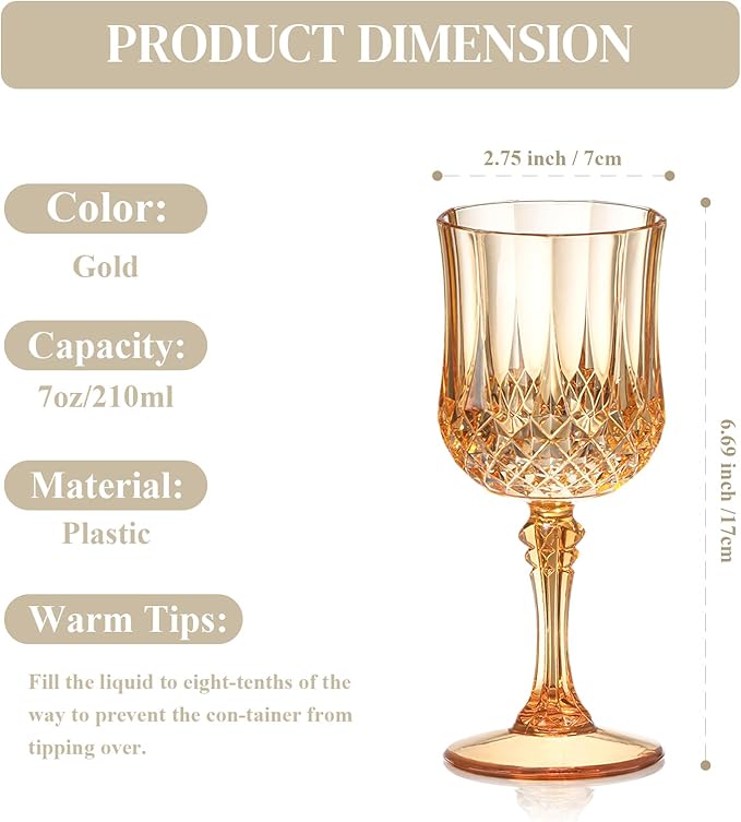 XUWAIDSGN 48 Pcs 7oz Plastic Vintage Wine Glasses Drinking Glasses Unbreakable Wedding Glassware Crystal Water Goblets Reusable Drinkware Vintage Champagne Flutes (48, Amber)