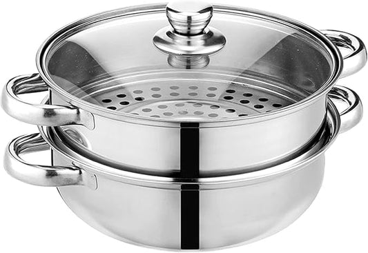 Steamer Pot for Cooking 11 inch Steamer Pot, 2-tier Multipurpose 18/8 Stainless Steel Steam Pot Cookware with Lid for Vegetable, Dumpling, Stock, Sauce, Food
