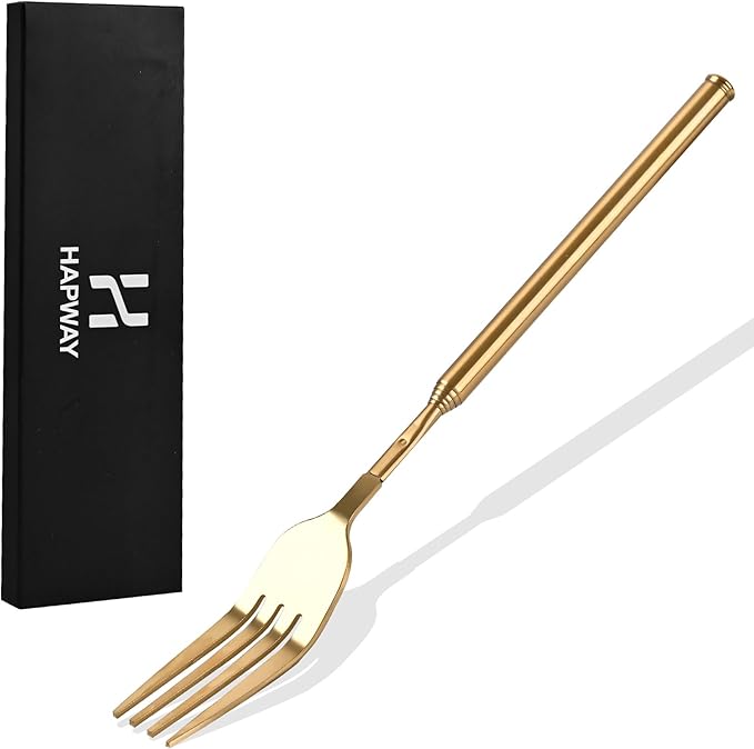 Extendable Fork, Expandable Fork for Prank/Jokes, Extended Extending Extend Extender Extension from 8.7" to 25.4" Extra Long, Stainless Steel Telescopic/Telescoping/Retractable Forks. Gold
