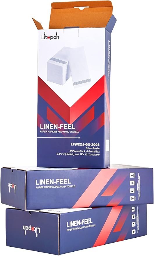 LITOPAK 200 Pack Guest Towels Disposable, Soft and Absorbent Bathroom Napkins, Paper Guest Towels for Bathrooms, Party, Wedding or Events. White and Silve