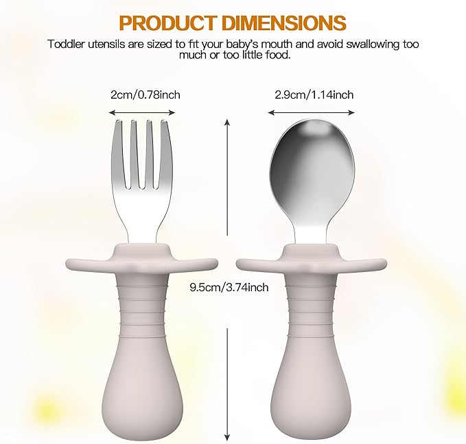 4 Pieces Toddler Utensils, Kids Silverware Set with Silicone Handle, 18/8 Stainless Steel Children Safe Forks and Spoons, BPA Free, Anti-Choke Design (Lite Blue, Grey)