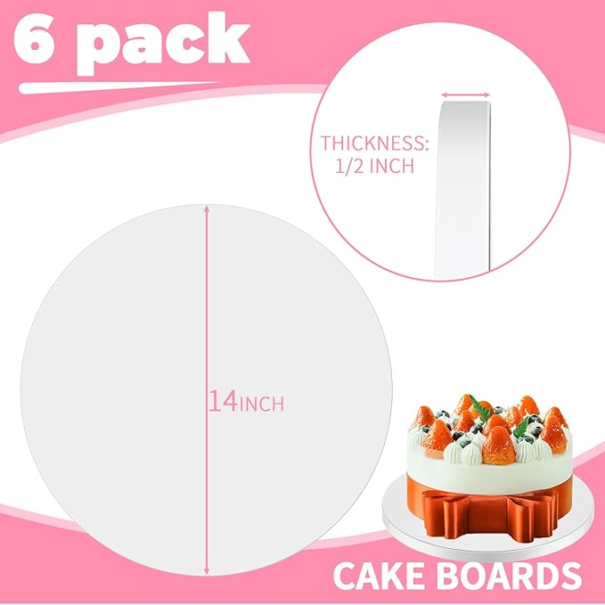 6 pcs Large Cake Boards Drum 14 Inch Round, 1/2" Thick Cake Drums, Cake Decorating Supplies Sturdy Cake Corrugated Cardboard for Multi-Layer Cakes. (14inch(6pack))