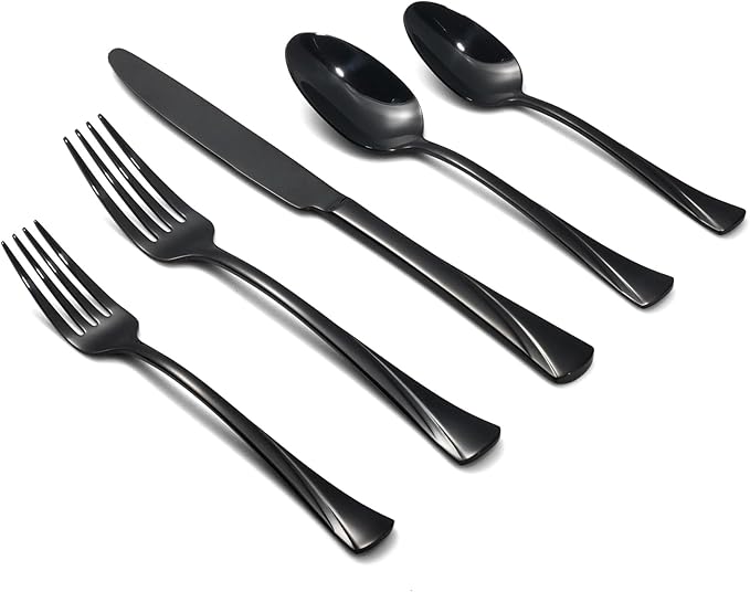 Alata Alice Black Mirror 40-Piece Silverware Set Stainless Steel Flatware Set,Service for 8,Mirror Polished Cutlery Set,Dishwasher Safe