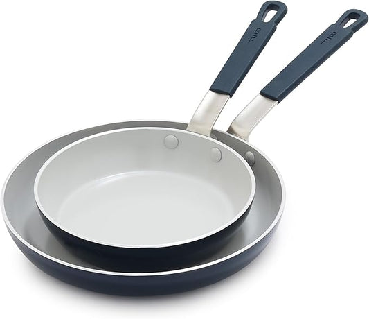 GreenPan x Bobby Flay 2 Piece- 8” and 10” Nonstick Frying Pan Skillet Set, PFAS-Free Diamond Ceramic, Induction Suitable, Stay-Cool Silicone Handle, Easy Clean Dishwasher & Oven Safe, Oxford Blue