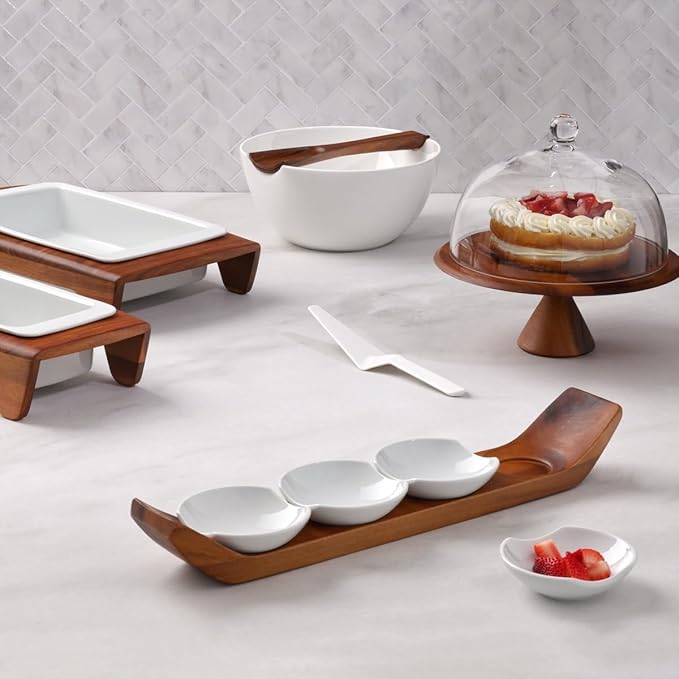 Nambe Quatro Cake Plate with Server | Acacia Wood Footed Cake Stand and Porcelain Cake Knife | Dessert Display Stand for Cupcakes, Cookies, Birthday Parties, and Weddings (11.5")