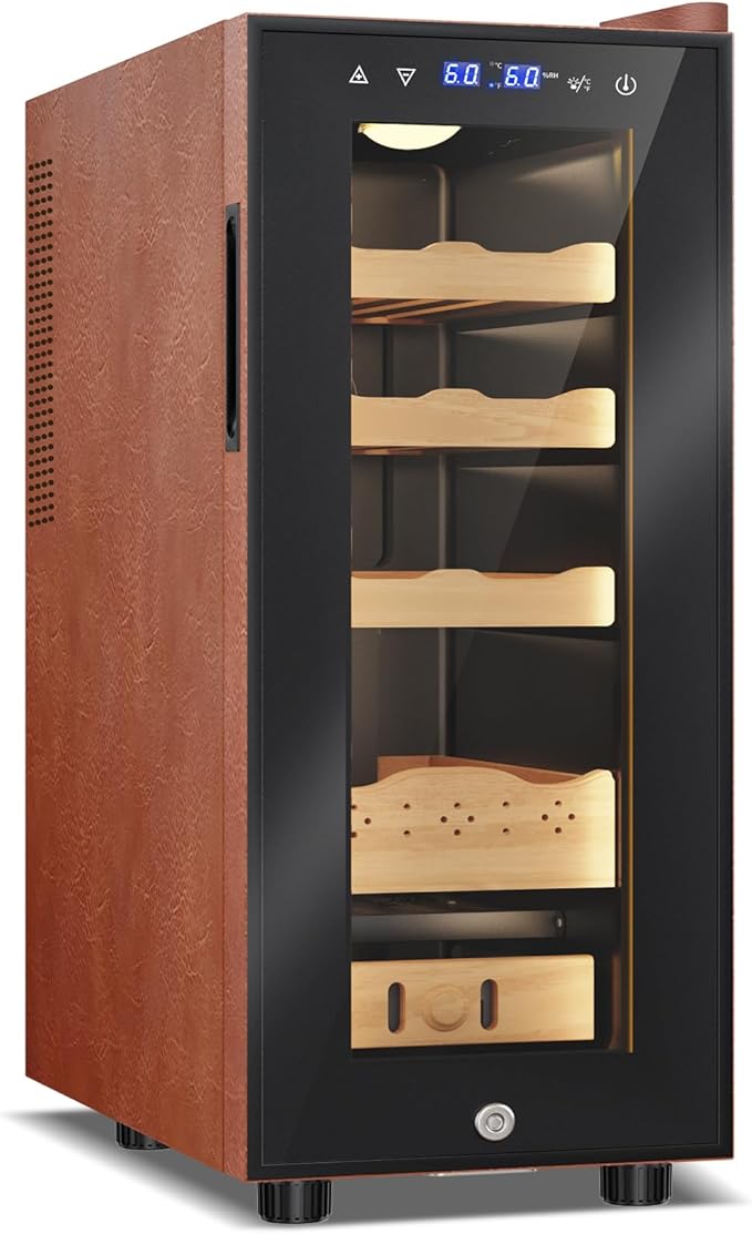 Electric Humidor with Leather-35L Cooling & Heating Humidor, Smart Touch Control Humidity & Temp, Humidors wtih Spanish Cedar Wood Tray, Digital Display, Safety Lock, Desktop Gift for Men