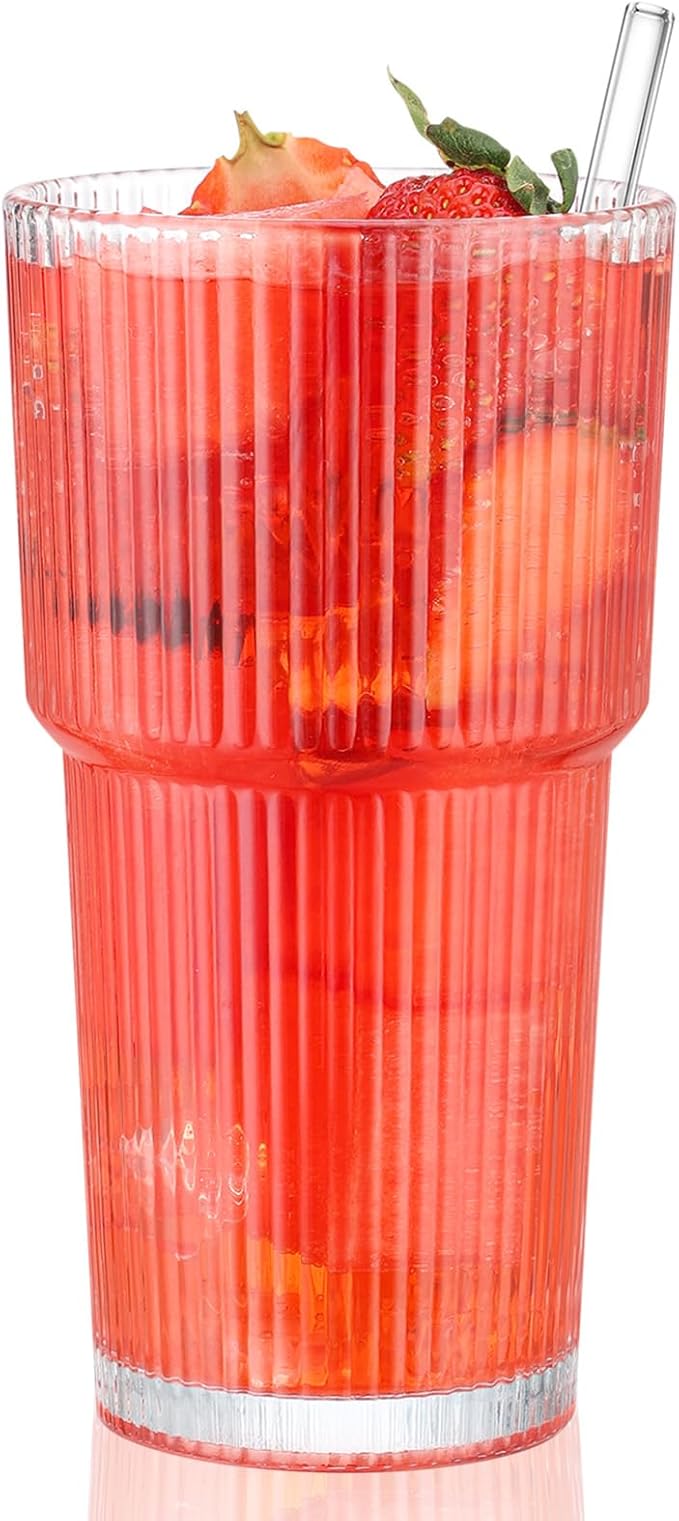 20 oz Glass Cup and Straw, Glass Tumbler with Straw, Vintage Glassware for Whiskey Cocktail Beer, Iced Coffee Cups (1 PACK)