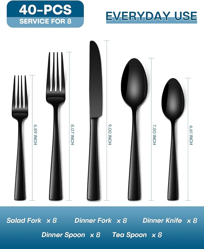 Stapava 40 Pcs Black Silverware Set, Food-Grade Stainless Steel Flatware Set for 8 Mirror Polished Cutlery Utensil Sets Include Dinner Forks Spoons and Knives Set Dishwasher Safe for Home Restaurant