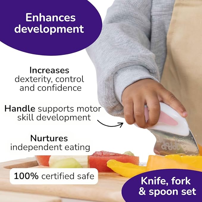 doddl Toddler Utensils, Ergonomic Fork Spoon and Knife Set for Self Feeding, Stainless Steel Silverware for 1-3 Year Olds, BPA Free, Dishwasher Safe (Dusky Rose)