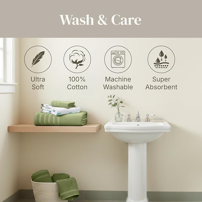 Modern Threads Organic Vines 6-Piece 100% Cotton Towel Set – Yarn Dyed Jacquard & Solid – Includes 2 Bath Towels, 2 Hand Towels, 2 Washcloths – Absorbent, Quick Dry, Soft & Durable – Sage Green