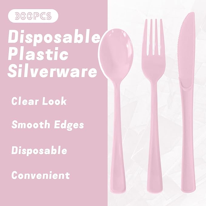 300 Pack Disposable Plastic Silverware, Heavy Duty Pink Plastic Cutlery Set Includes 100 Forks 100 Knives 100 Spoons for Birthday Wedding Party Picnics (300, Pink)