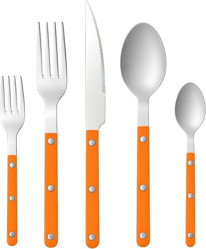 Khen 20-Piece Cutlery Set with Dinner Knives, Forks, Spoons, Salad Forks & Teaspoons – Durable and Dishwasher Safe Utensil Set for Home, Kitchen, Parties & Special Occasions – Orange Handle