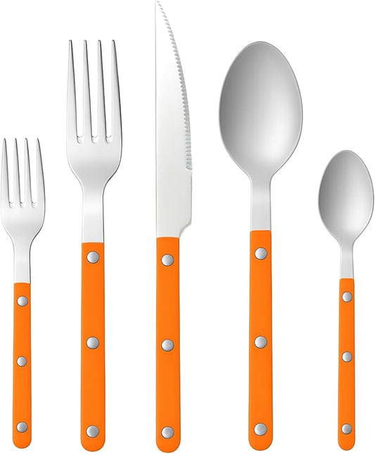 Khen 20-Piece Cutlery Set with Dinner Knives, Forks, Spoons, Salad Forks & Teaspoons – Durable and Dishwasher Safe Utensil Set for Home, Kitchen, Parties & Special Occasions – Orange Handle