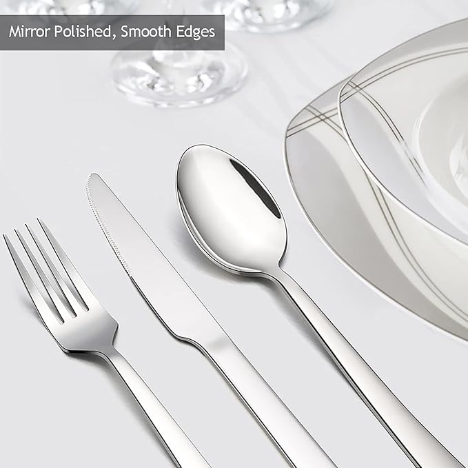 10-Piece Silverware Set, E-far Stainless Steel Flatware Set Service for 2, Modern Tableware Cutlery Set for Home and Restaurant, Square Edge & Mirror Finish, Dishwasher Safe