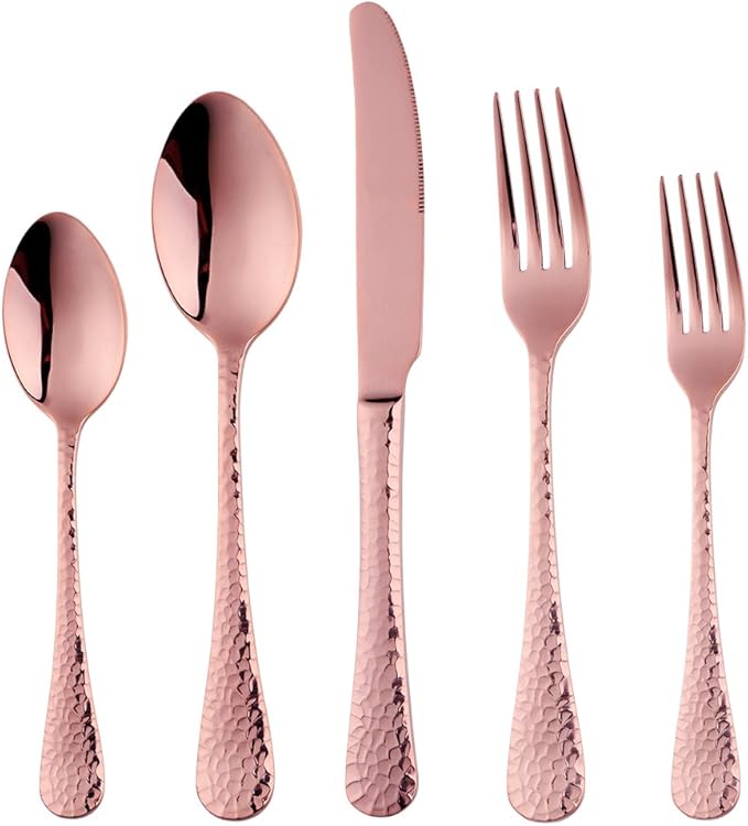 5-Piece Rose Gold Silverware Flatware Set Service for 1 Stainless Steel Cutlery Set Include Dinner Knife Table Fork Table Spoon Salad Fork Tea Spoon for Wedding, Dishwasher Safe