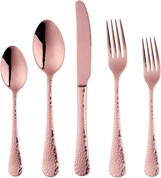 5-Piece Rose Gold Silverware Flatware Set Service for 1 Stainless Steel Cutlery Set Include Dinner Knife Table Fork Table Spoon Salad Fork Tea Spoon for Wedding, Dishwasher Safe