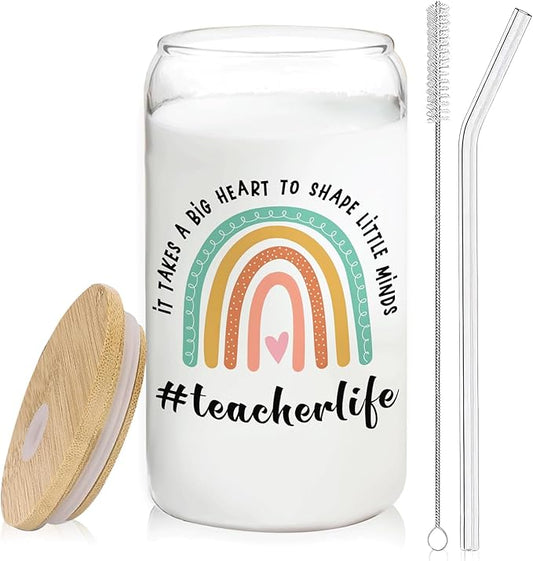 Boho Rainbow Teacher Glass Cup with Lids and Straws 14oz, Kindergarten Teacher Appreciation Gifts, Best Teachers Gifts Glass Iced Coffee Tumbler Drinking Jars with Cleaning Brush