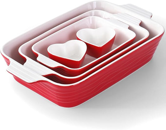 Baking Dish for Oven Ceramic Lasagna Pan 9×12.8 Inch Casserole Dishes Bakeware Set With Ramekin Large Deep Baking Dishes Rectangular Non-Stick Baking Pans for Kitchen Baking and Roasting Red