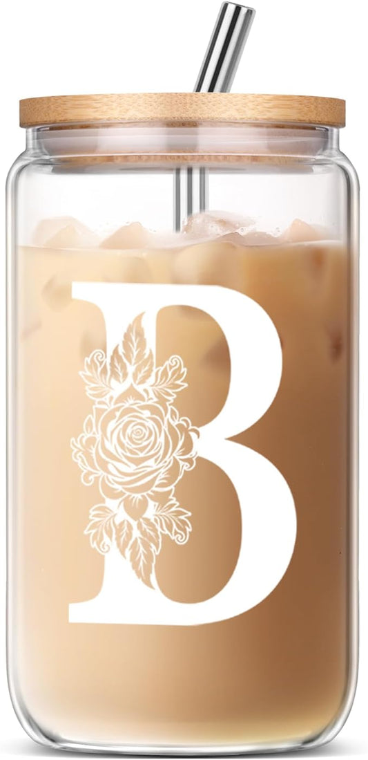 Gifts for Women, Personalized Monogrammed Gifts for Sister Mom Friend Wife, Birthday & Ideas 2024 - Cute Glass Cups with Lids and Straws