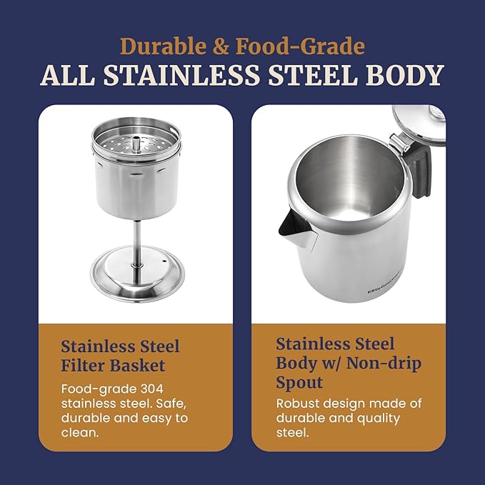 Elite Gourmet EC008 Classic Stovetop Coffee Percolator, Glass Clear Brew Progress Knob, Cool-Touch Handle, Cordless Serve, 8-Cup, Stainless Steel