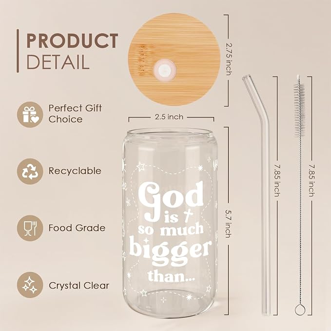 Christian Inspiration16oz Can Glass Tumbler with Bamboo Lid & Straw, Inspirarional Iced Coffee Cup for Women Girls, Religious Gift for Birthday Christmas