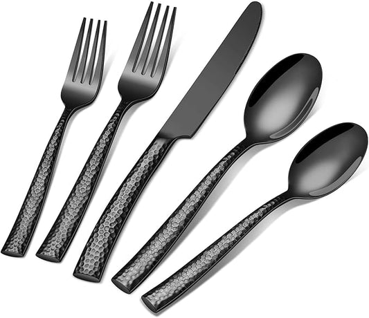 20-Piece Black Silverware Set, Ollex Stainless Steel Hammered Flatware Cutlery Set for 4, Mirror Polished Kitchen Utensils included Black Knives Spoons and Forks Set Dishwasher Safe