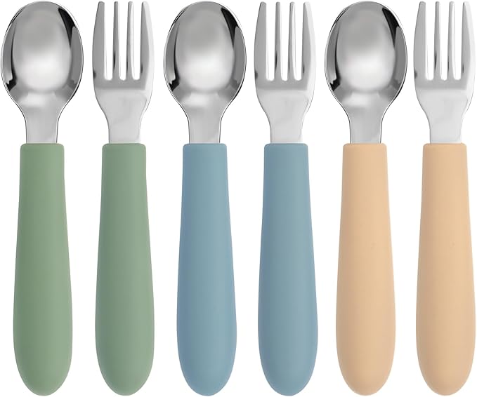 6 Pack Toddler Utensils, Toddler Forks and Spoons Set, Kids Silverware with Silicone Handle, 18/8 Stainless Steel Children Safe Flatware, BPA Free, Dishwasher Safe