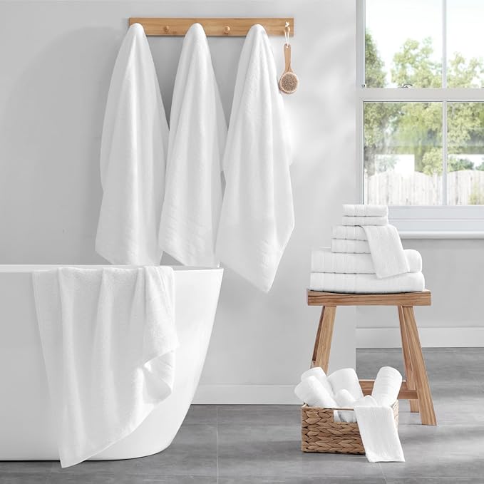 Casa Platino 100% Cotton Luxury Bathroom Towel Set - 18 Pcs - Super Soft, Fluffy & Highly Absorbent - 6 Large Bath Towels, 6 Washcloths, 6 Hand Towels - Complete Family Pack - White Bath Towel Set
