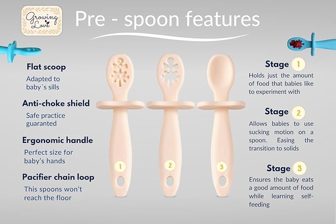 Growing Love Baby Spoons Set, Self Feeding 6 months, Pre-Spoon, Baby utensils, Toddler spoon, training spoon, cuchara bebe, blw, 100% silicone, Anti choke shield (vanilla)