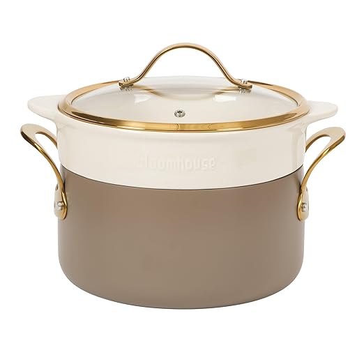 Bloomhouse - Two Time Oprah's Favorite Things Winner - 8 Piece Pots and Pans Heavy Duty Aluminum Premium PFA Free Ceramic Nonstick Dutch Oven Pot with Lid - Cappuccino Cream with Gold Handle