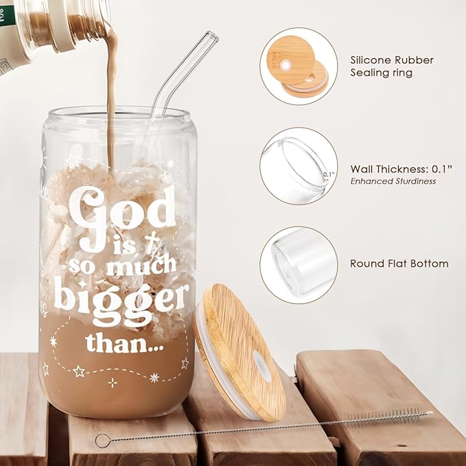 Christian Inspiration16oz Can Glass Tumbler with Bamboo Lid & Straw, Inspirarional Iced Coffee Cup for Women Girls, Religious Gift for Birthday Christmas