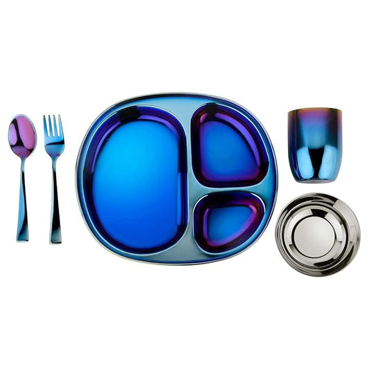 Ahimsa Stainless Steel Kids Dinnerware Set, Pediatrician Designed, 5 Piece Toddler Plates and Bowls Set, Stainless Steel Divided Plate, Cup and Kids Utensils, Blue