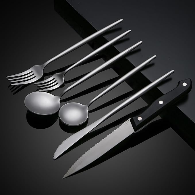 24 Pieces Silverware Set with Steak Knife, Stainless Steel Silver Flatware Set for 4, Satin Finish Spoons and Forks Silverware Set, Cutlery Utensils Set, Dishwasher Safe