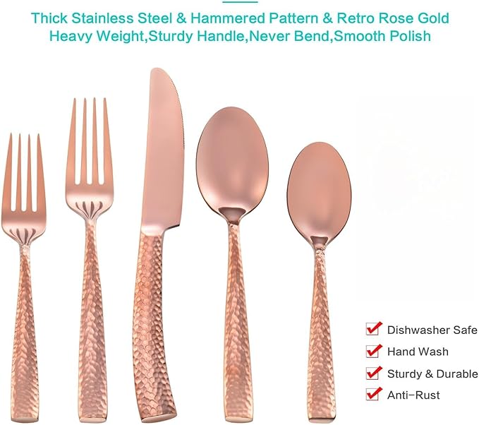 Silverware Rose Gold Hammered Heavy Flatware Set Cutlery Set Stainless Steel Mirror Finished Utensil 20 Pieces Spoons Forks and Knives Service for 4