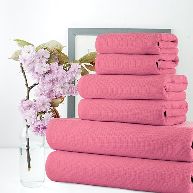 CASA COPENHAGEN Waffle Towel, 6Pieces 100% Cotton Large Towel Set- Pink, 2Bath 2Hand 2Washcloths Instant Absorb and Dry, Soft Strong Towels for Hotel Spa Kitchen Bathroom & Shower