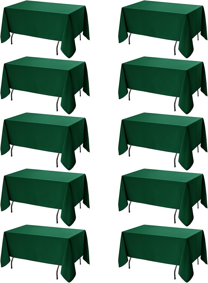 10-Pack Hunter Green Tablecloths for Rectangle Tables, 60 x 120 Inches, Stain-Resistant Polyester Fabric for 6 Foot Tables - Washable Table Covers for Weddings, Birthday Parties, Events
