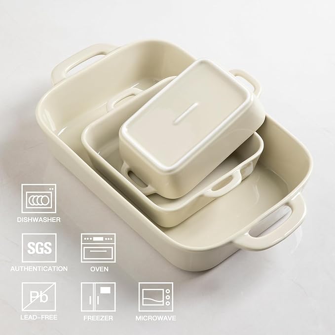 Sweejar Ceramic Bakeware Set, Rectangular Baking Dish for Cooking, Kitchen, Cake Dinner, Banquet and Daily Use, Casserole Dishes for Oven Porcelain Baking Pans (Beige)