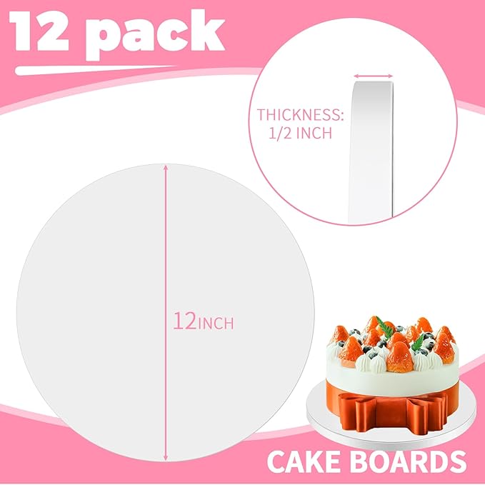 12-Pack Cake Drums 12 inch Round, White Food Graded Greaseproof Cake Rounds 12 inch Cakes Boards Cardboard Circles for Wedding Birthday Parties Pizza. (12inch(12pack))