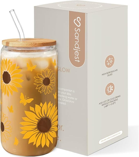 SANDJEST Sunflower Gifts for Women - Sunflower Cup 16 Oz Can Glass Coffee Cups with Bamboo Lid and Straw - Gift for Birthday
