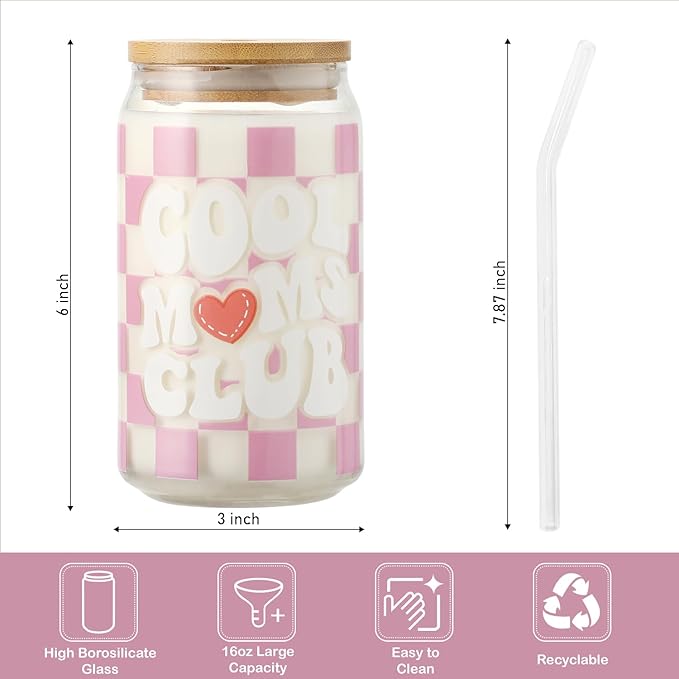 Christmas gift Mom Drinking Cup with Lid and Straw, 16oz Coffee Can Glass Cups, Cool Moms Club Cup from Daughter and Son, Christmas Birthday Present Ideas for Mother, New Moms, Mom To Be