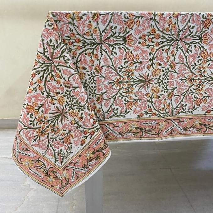 Ridhi Sassy Salmon Emerald Green Hand Block Print Cotton Rectangle Tablecloth 160" x 72" inches Reusable Table Cover Decorative Everyday Use for Dining, Farmhouse, Home, Party, Festive, Wedding, Fall